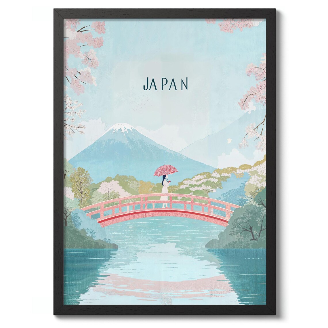 Mount Fuji Red Bridge Umbrella Woman Japan Cherry Blossom Poster