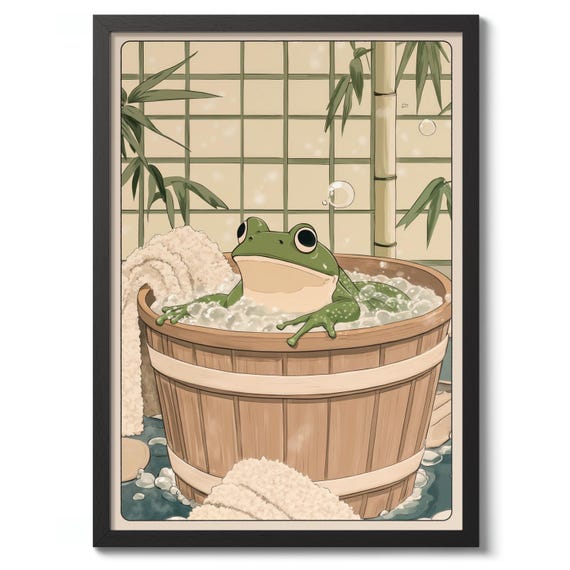 Frog in Bathtub Japanese Anime Woodblock Art Print