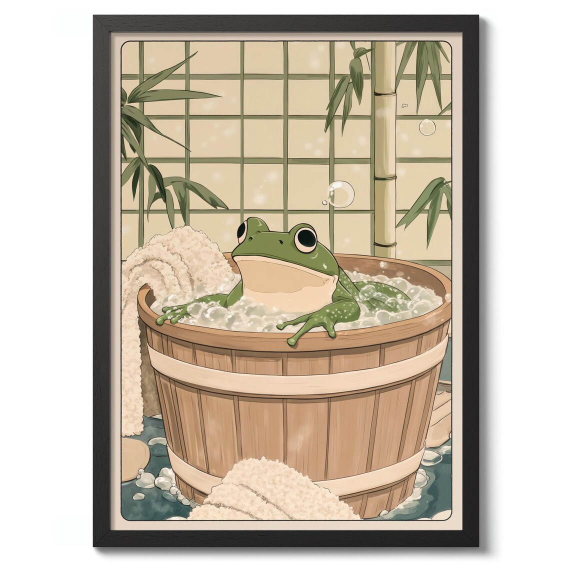 Frog in Bathtub Japanese Anime Woodblock Art Print