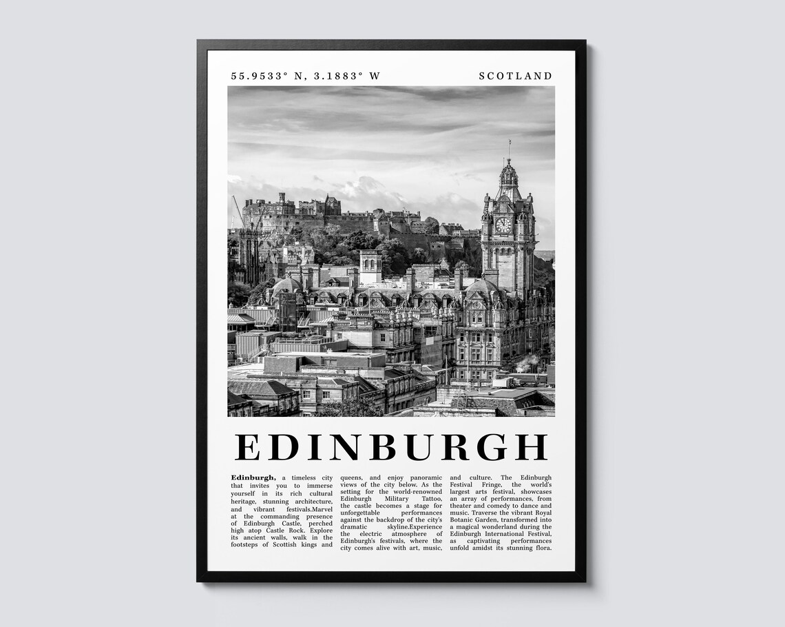 Edinburgh Scotland Black and White Photographic City Art Poster