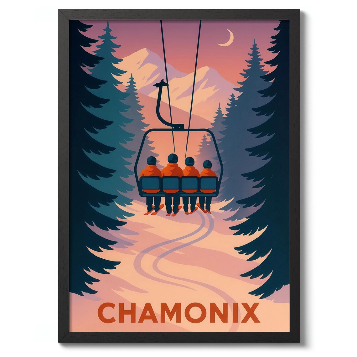 Chamonix Ski Chairlift Sunset Ride Mountain Pines Travel Poster