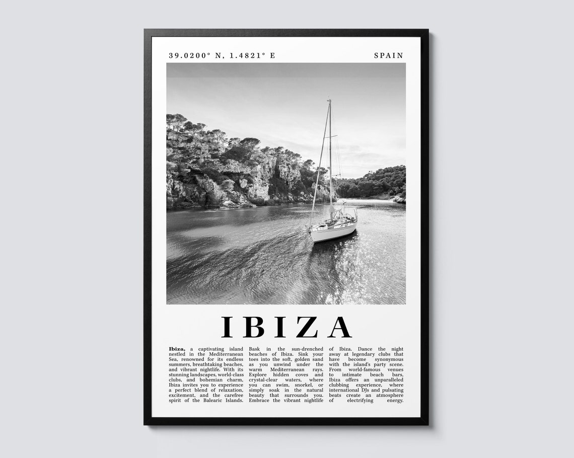 Ibiza Spain Black and White Sailboat Cove Mediterranean Photo Poster