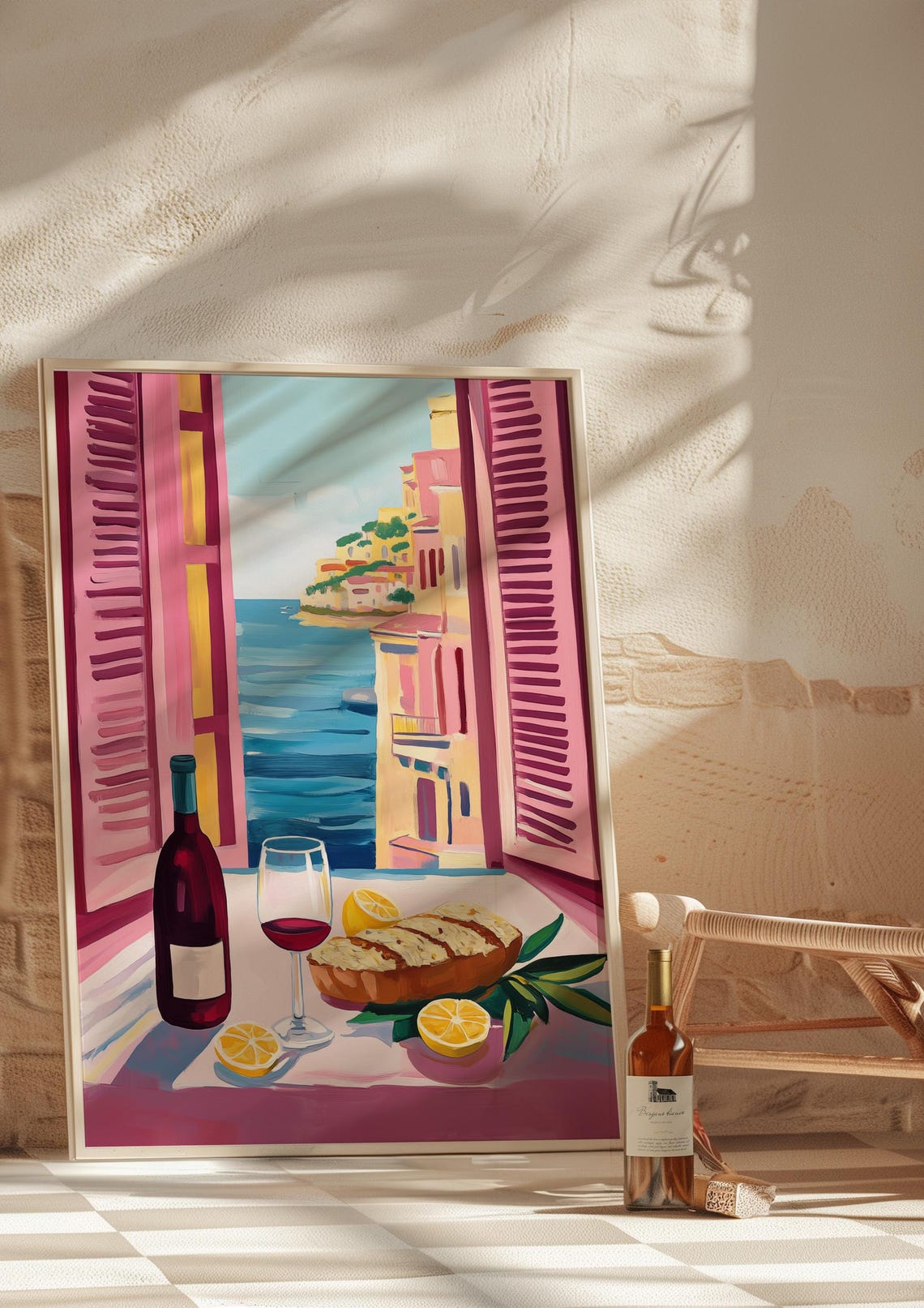Coastal Village View Through Pink Shutters Wine Bread Poster - Image 2