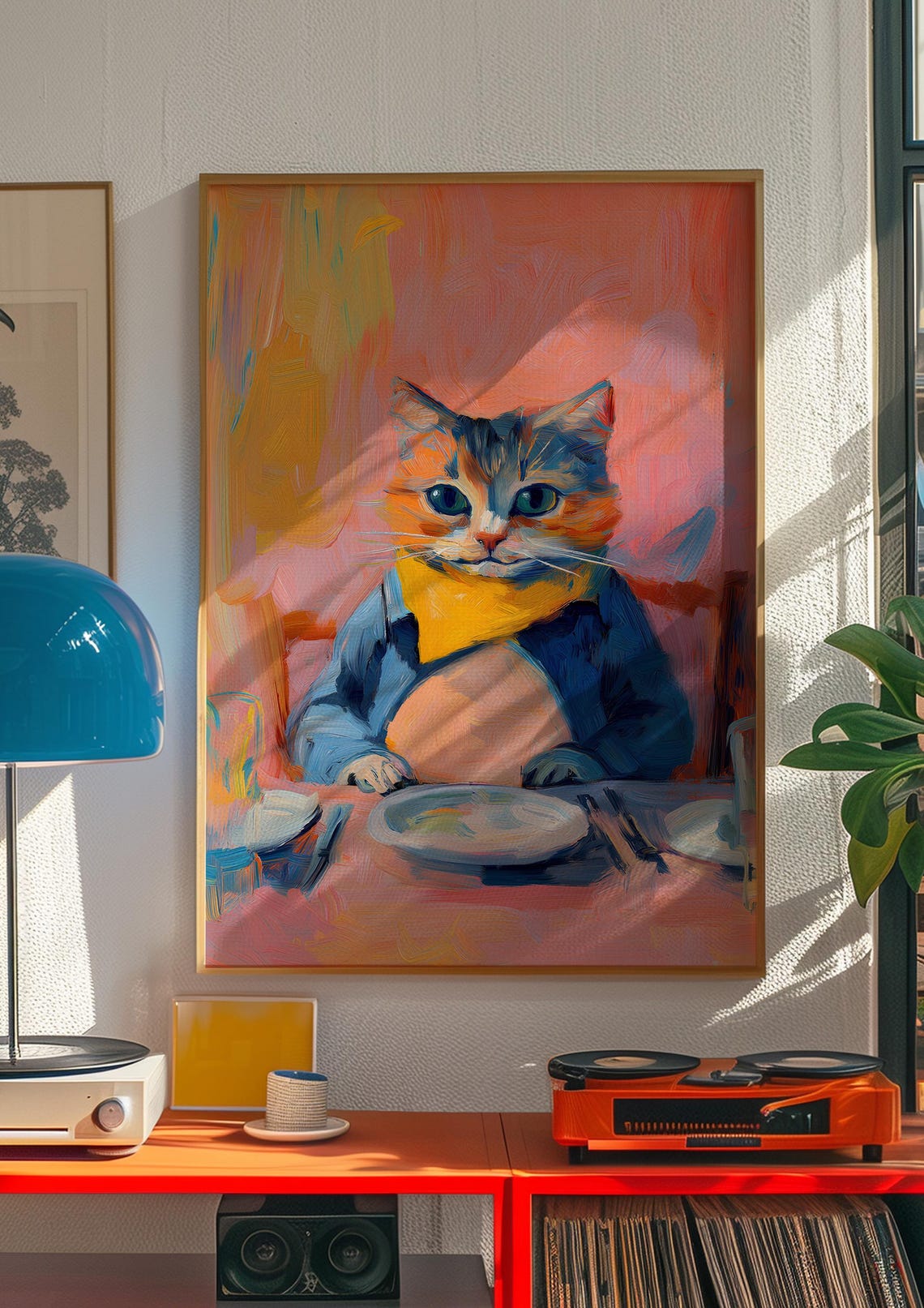 Cat in a Jacket with Bandana Dining at a Table Portrait Poster - Image 3