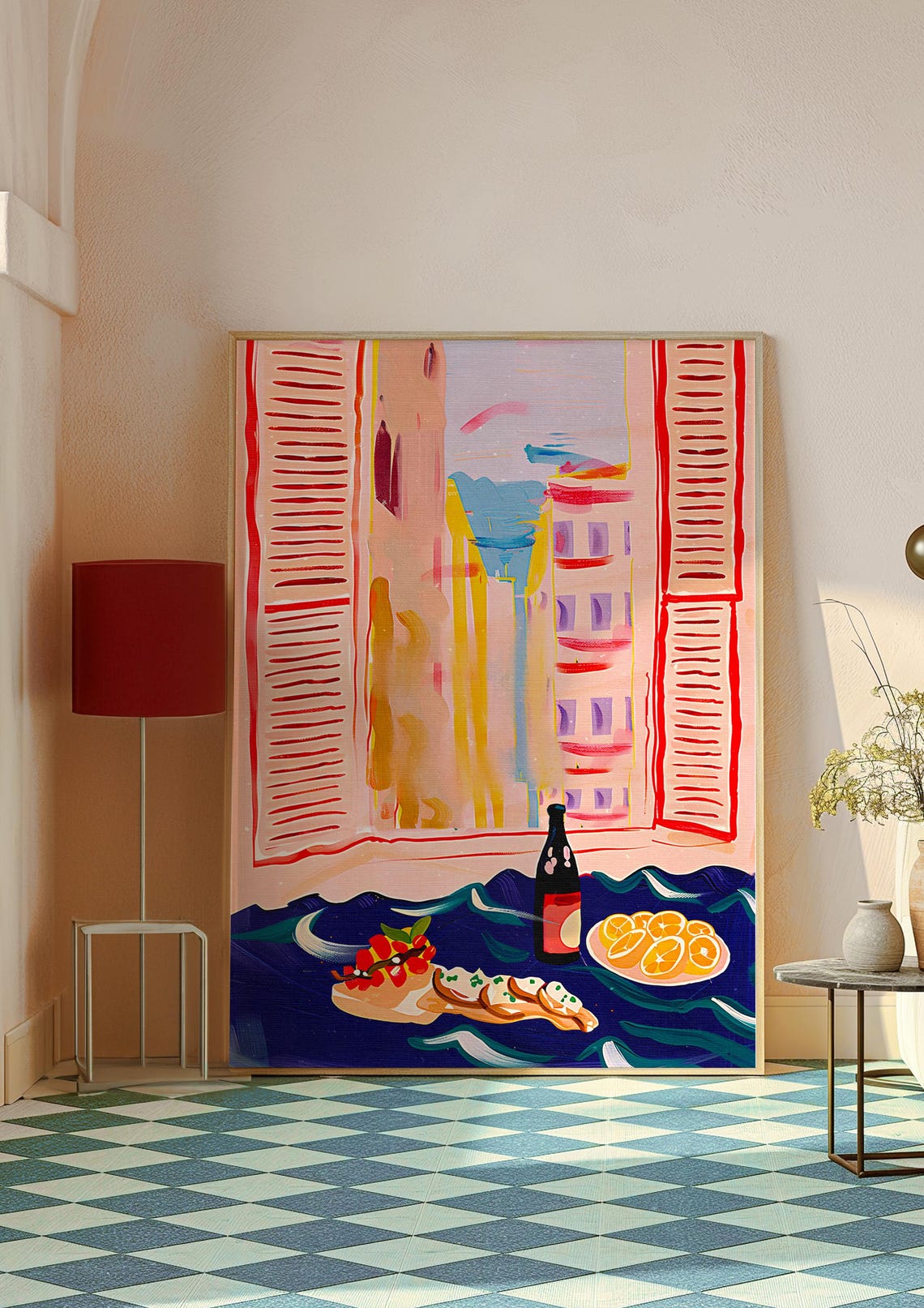 Red Shutters Window with Mediterranean Street Feast Scene Poster - Image 3