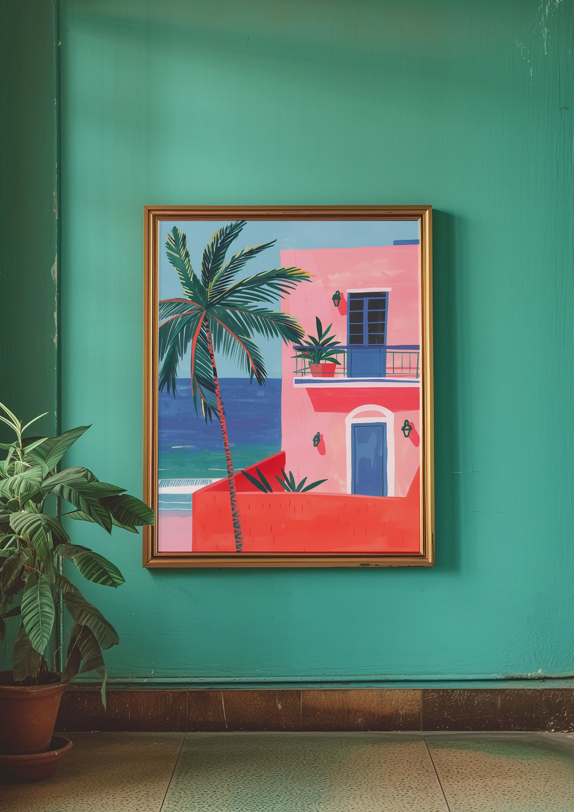 Pink Mediterranean Coastal House Palm Tree Blue Ocean Art Poster - Image 3