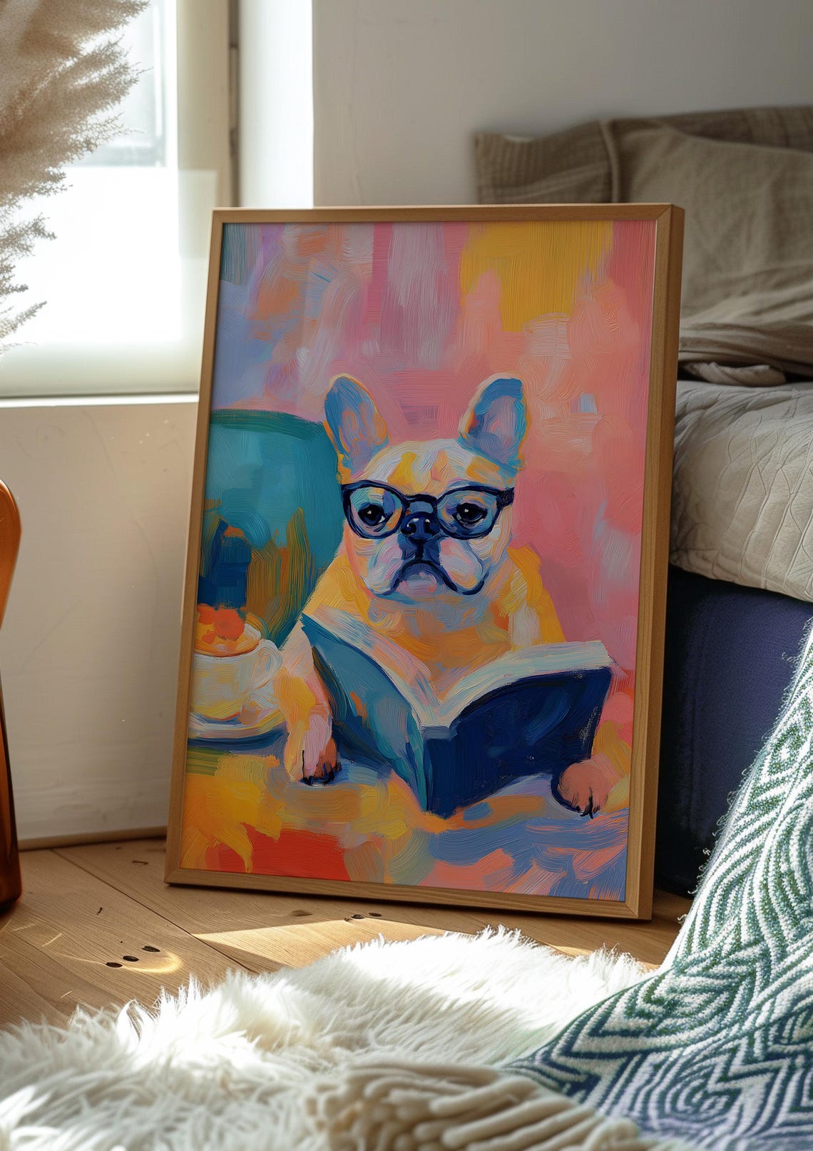French Bulldog in Glasses Reading a Book with a Coffee Cup Poster - Image 2