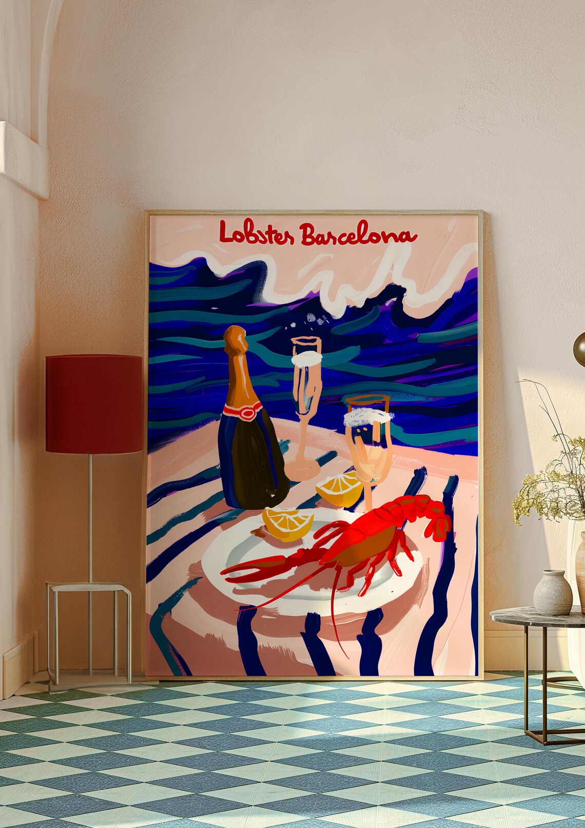 Lobster Barcelona Champagne Dinner Summer Table Seaside Art Poster - Image 3