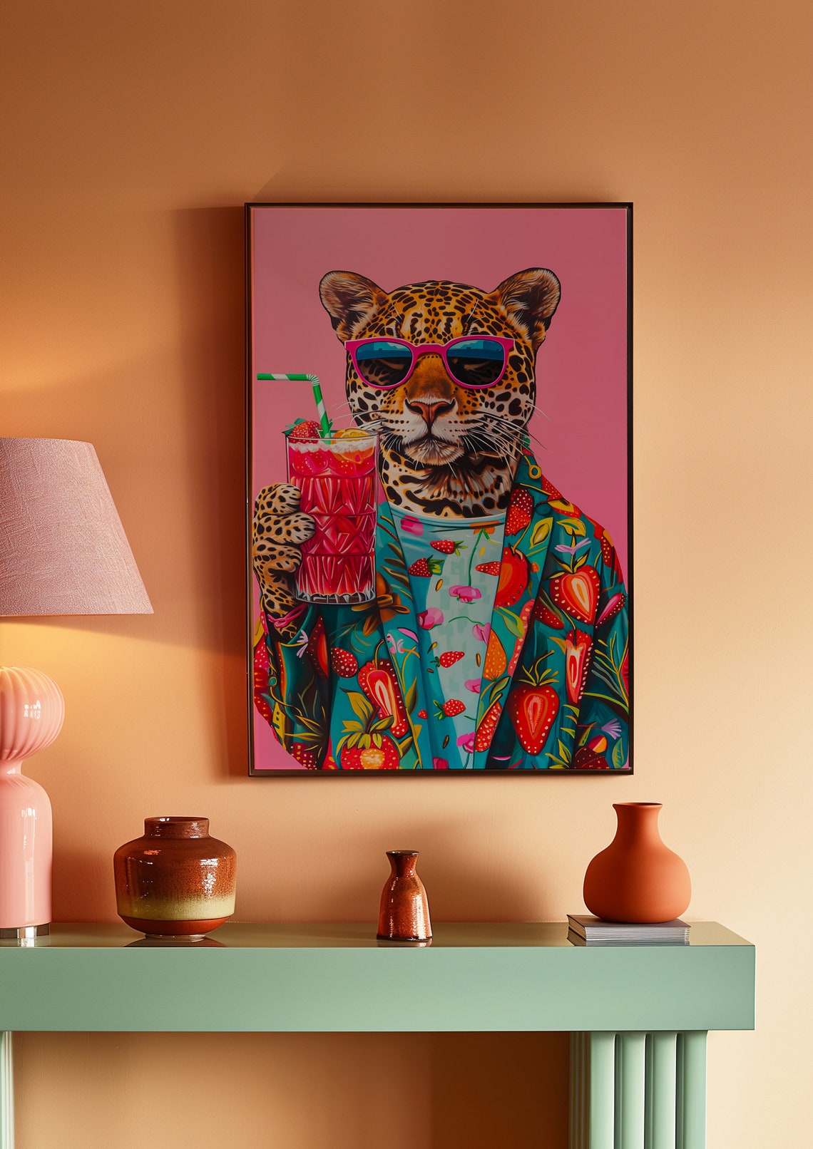 Leopard in Pink Sunglasses Sipping a Strawberry Cocktail Poster - Image 2