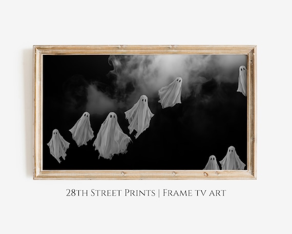 Spooky White Ghosts Flying Black Night Sky Smoky Halloween Painting Poster