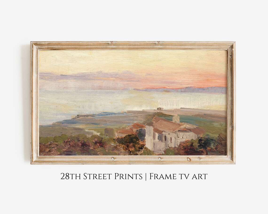 Vintage Italian Coastal Sunset Oil Painting Mediterranean Seaside Poster