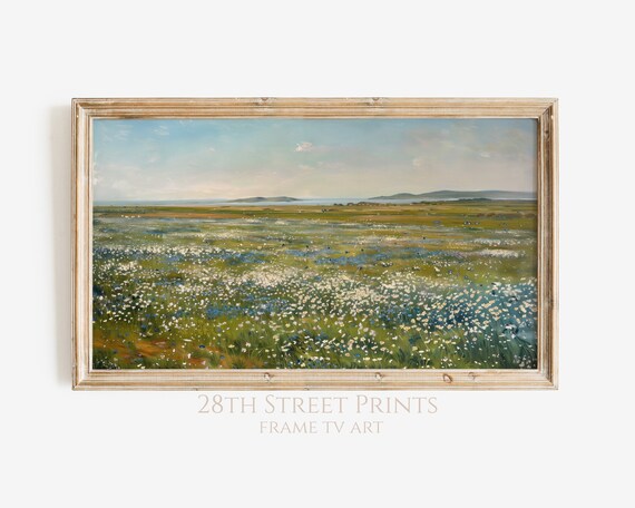 Vast White Blue Wildflower Meadow Distant Hills Summer Landscape Painting Art Print