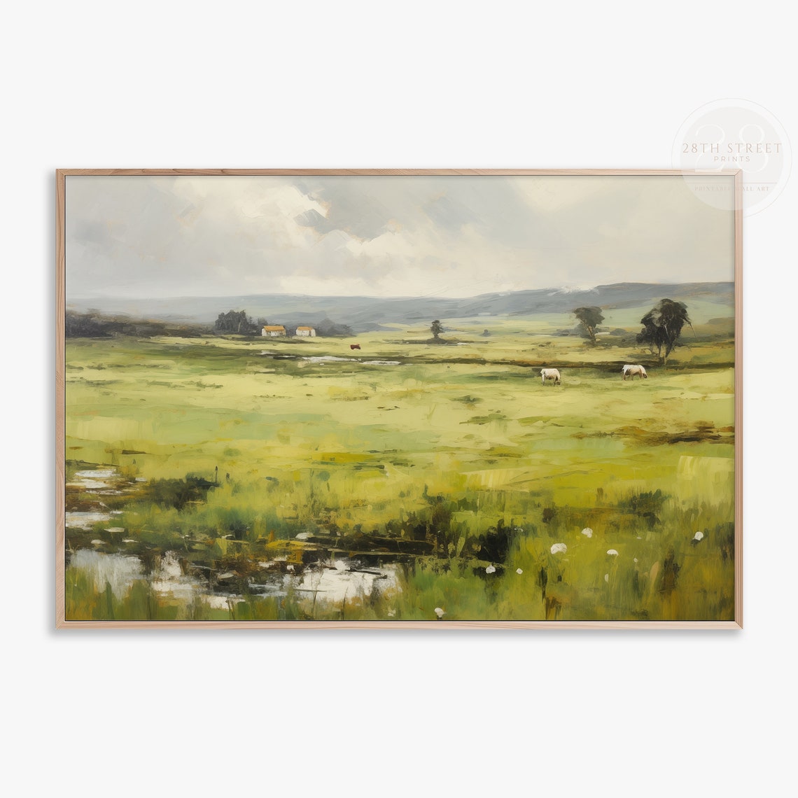 Green Pasture Cows Grazing Country Farm Cottages Moody Sky Wall Art