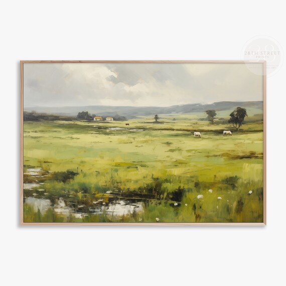 Green Pasture Cows Grazing Country Farm Cottages Moody Sky Wall Art