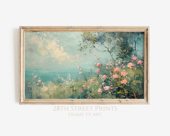 Rose Ocean Overlook Pink Wildflowers Teal Sea Coastal Landscape Painting Art Print