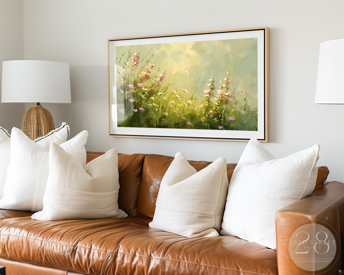 Sunlit Pink Wildflower Meadow Golden Light Hazy Sky Spring Painting Art Print - Image 3