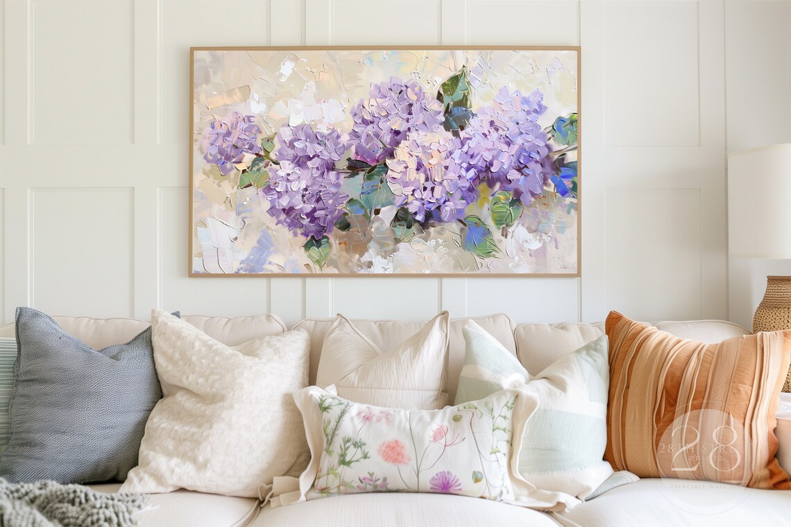 Purple Hydrangea Bloom Clusters Cream Background Textured Floral Art Print - Image 3