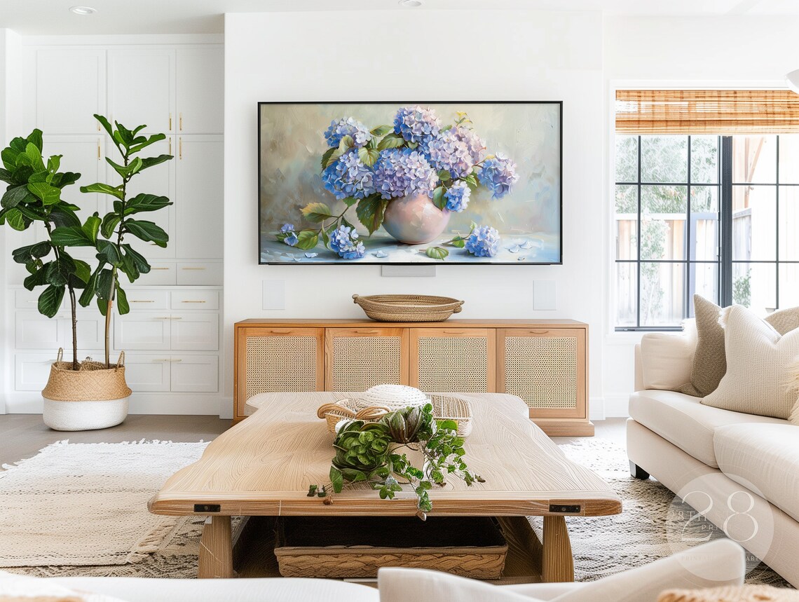 Blue Hydrangeas In Blush Vase Floral Still Life Soft Spring Painting Art Print - Image 2