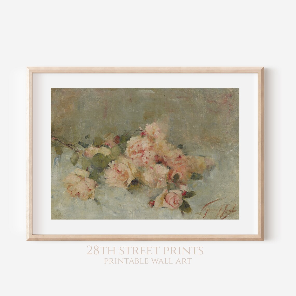 Vintage Pastel Pink Roses Still Life Romantic Oil Painting Wall Art - Image 2