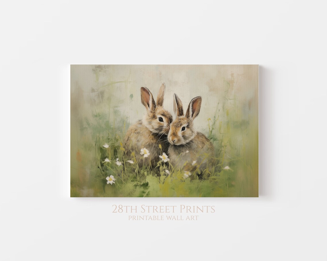 Two Bunnies Spring Grass Daisies Cute Vintage Easter Bunny Painting Poster - Image 3