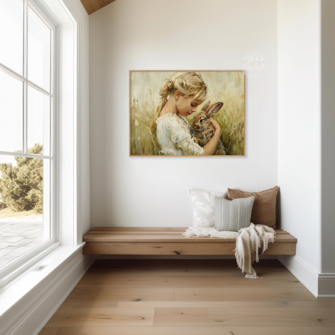 Blonde Girl Holding Bunny Golden Wheat Field Sweet Vintage Painting Poster - Image 2