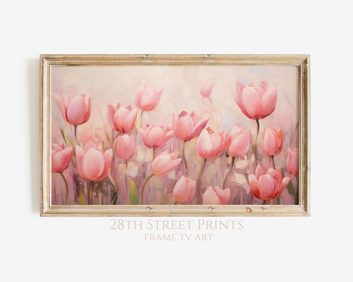 Pink Tulips Field Soft Blush Spring Floral Impressionist Painting Art Print