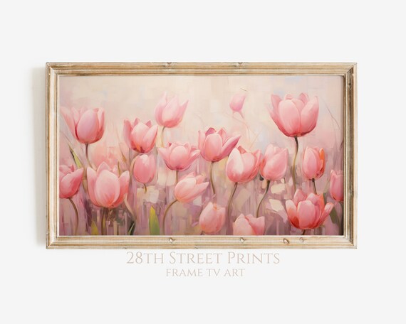 Pink Tulips Field Soft Blush Spring Floral Impressionist Painting Art Print