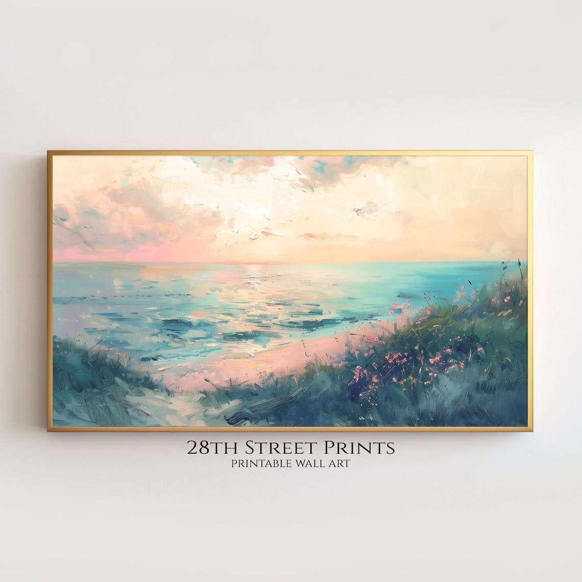Pastel Ocean Sunset Turquoise Waves Pink Dune Flowers Coastal Poster - Image 3