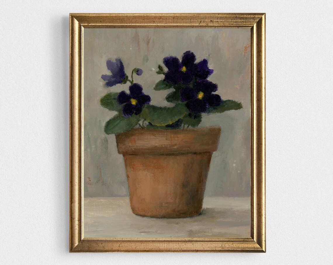 African Violet Oil Painting Print, French Country Still Life