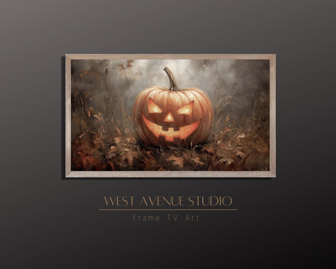 Glowing Jack O Lantern Autumn Field Misty Halloween Pumpkin Painting Poster