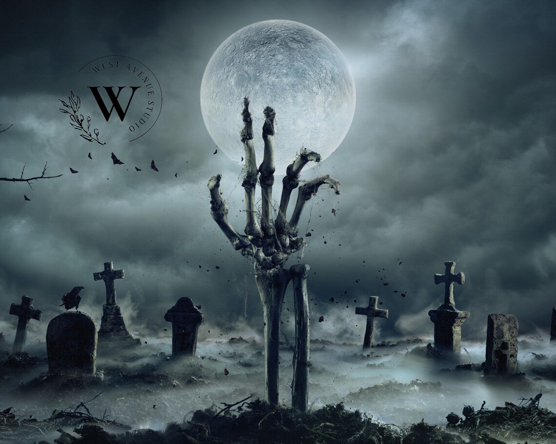 Spooky Graveyard Skeleton Hand Reaching Full Moon Misty Night Horror Art Poster - Image 3