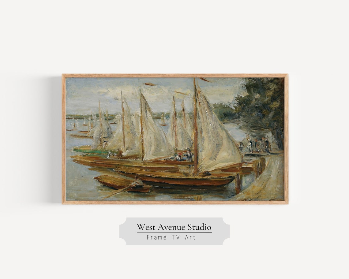 Frame Tv Art Summer Seascape Vintage Oil Painting Nautical Tv Art Summer Boats Summer Tv Art Circa 1893 Instant 296