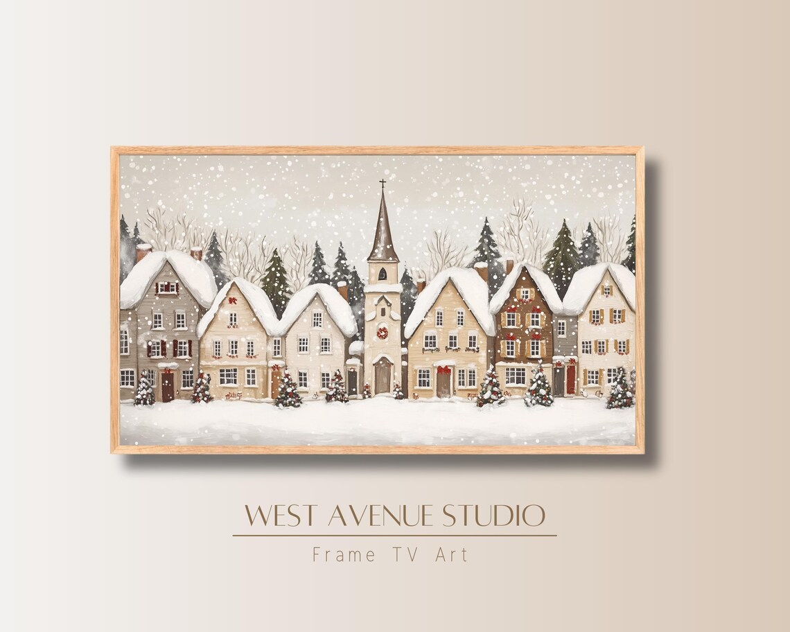 City Christmas Art Print, Scandinavian Winter Village