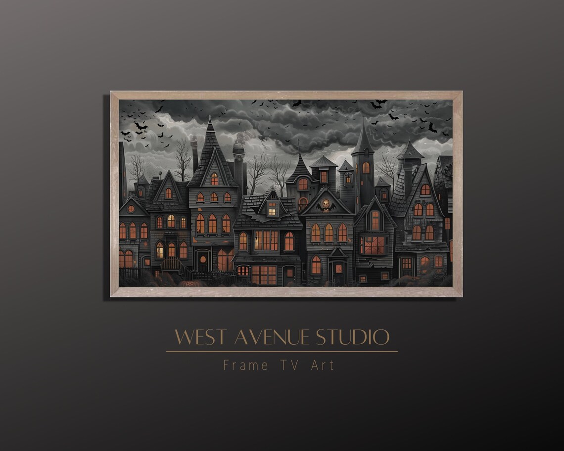 Gothic Halloween Village Glowing Windows Stormy Sky Bats Spooky Night Poster - Image 5