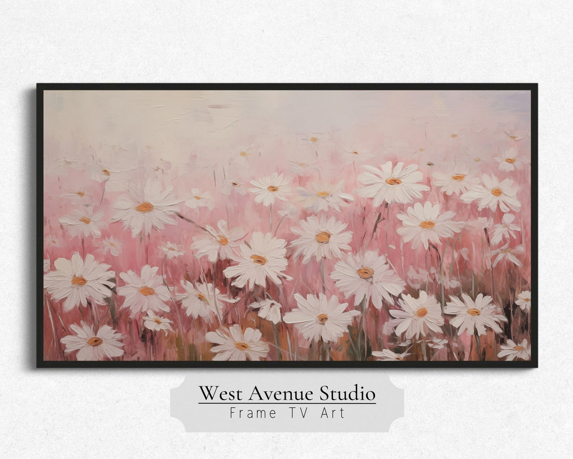 Pink Daisy Field Textured Floral Spring Meadow Wall Art Poster - Image 2