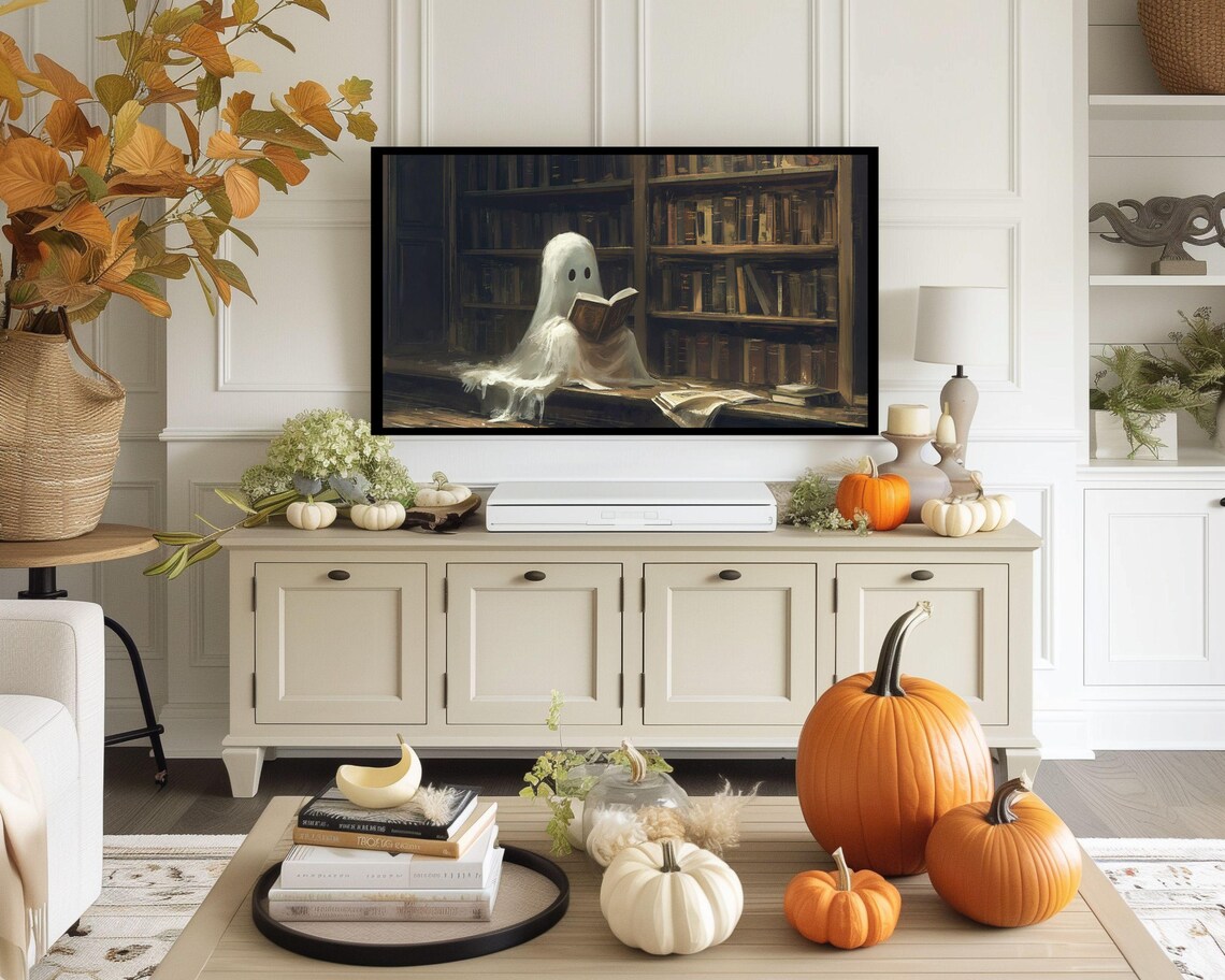 Cute Ghost Reading Book In Library Cozy Halloween Haunted Art Poster - Image 5
