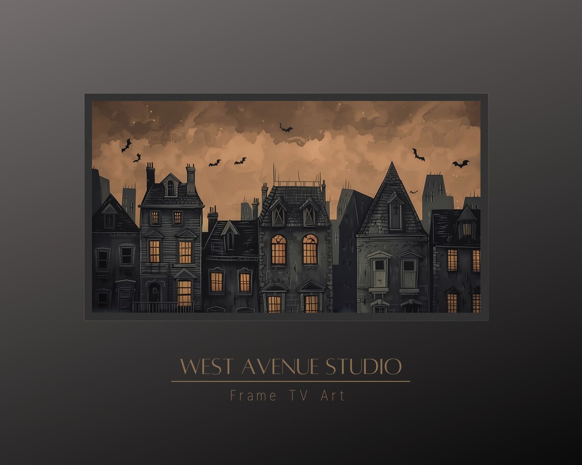 Spooky Halloween Village Dark Houses Glowing Windows Bats Night Sky Poster - Image 4