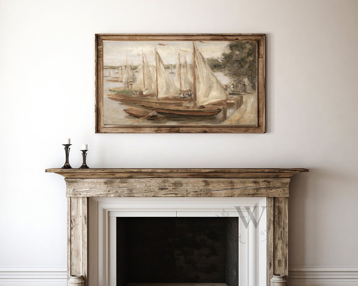 Frame Tv Art Summer Seascape Vintage Oil Painting Nautical Tv Art Summer Boats Summer Tv Art Circa 1893 Instant 295 - Image 4