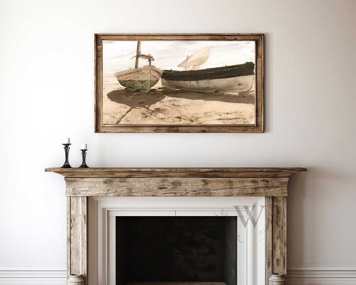 Beached Fishing Boats Sandy Shore Vintage Nautical Oil Painting Art Poster - Image 4