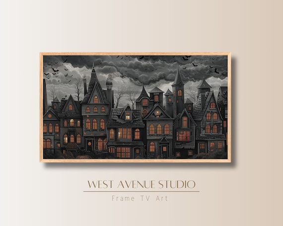 Gothic Halloween Village Stormy Gray Sky Glowing Windows Bats Night Poster