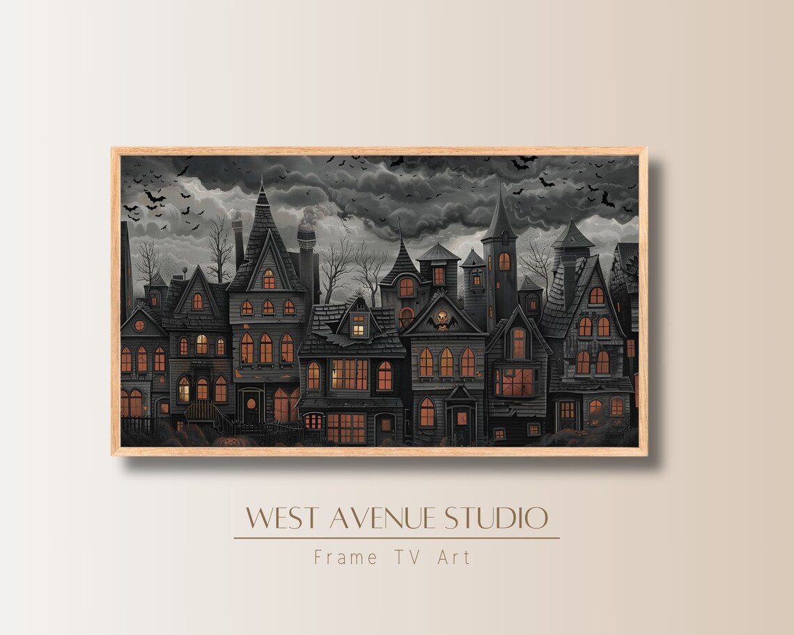 Gothic Halloween Village Stormy Gray Sky Glowing Windows Bats Night Poster