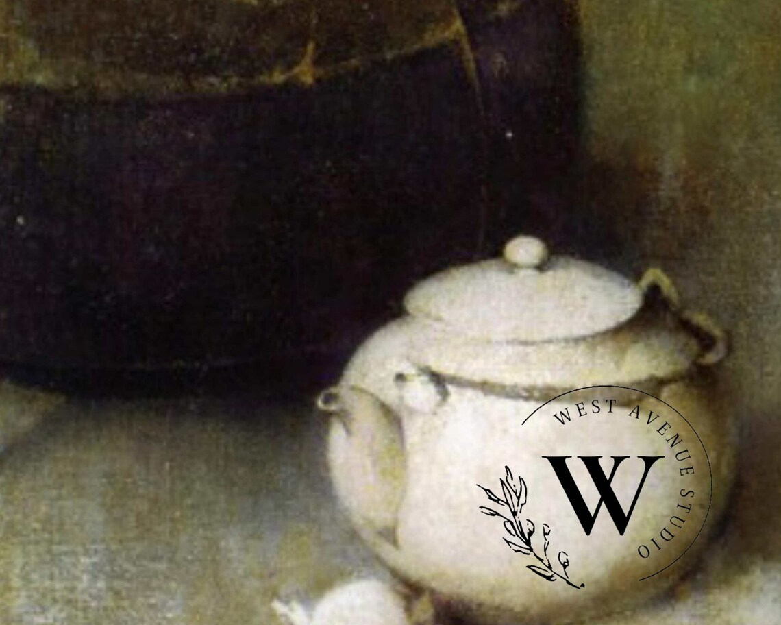 Dark Cauldron White Teapot Vintage Kitchen Still Life Oil Painting Poster - Image 3