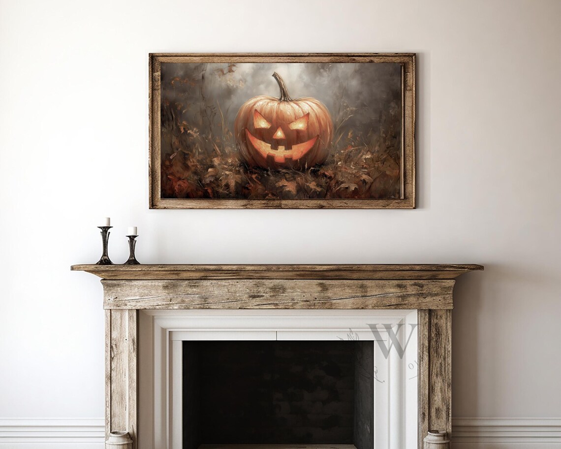 Glowing Jack O Lantern Autumn Field Misty Halloween Pumpkin Painting Poster - Image 3
