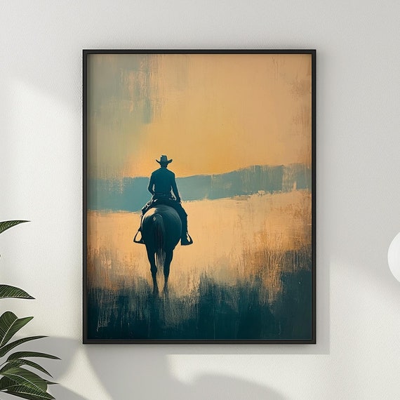Cowboy Riding Horse Oil Painting Poster Print Minimalist Vintage Wall Art Dark Moody Western Wall Decor Gift Idea Matte Poster