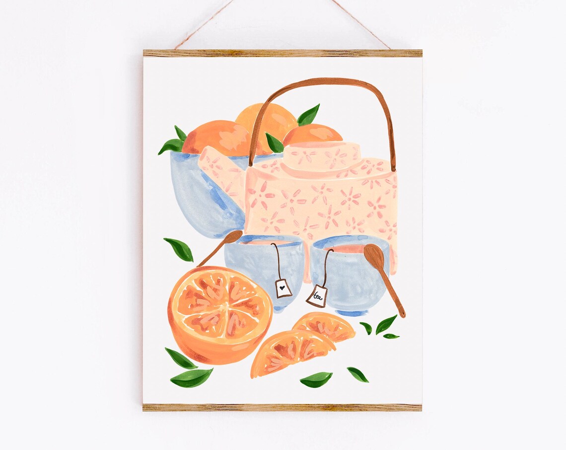 Oranges and Tea Watercolor Art Print, Kitchen Decor