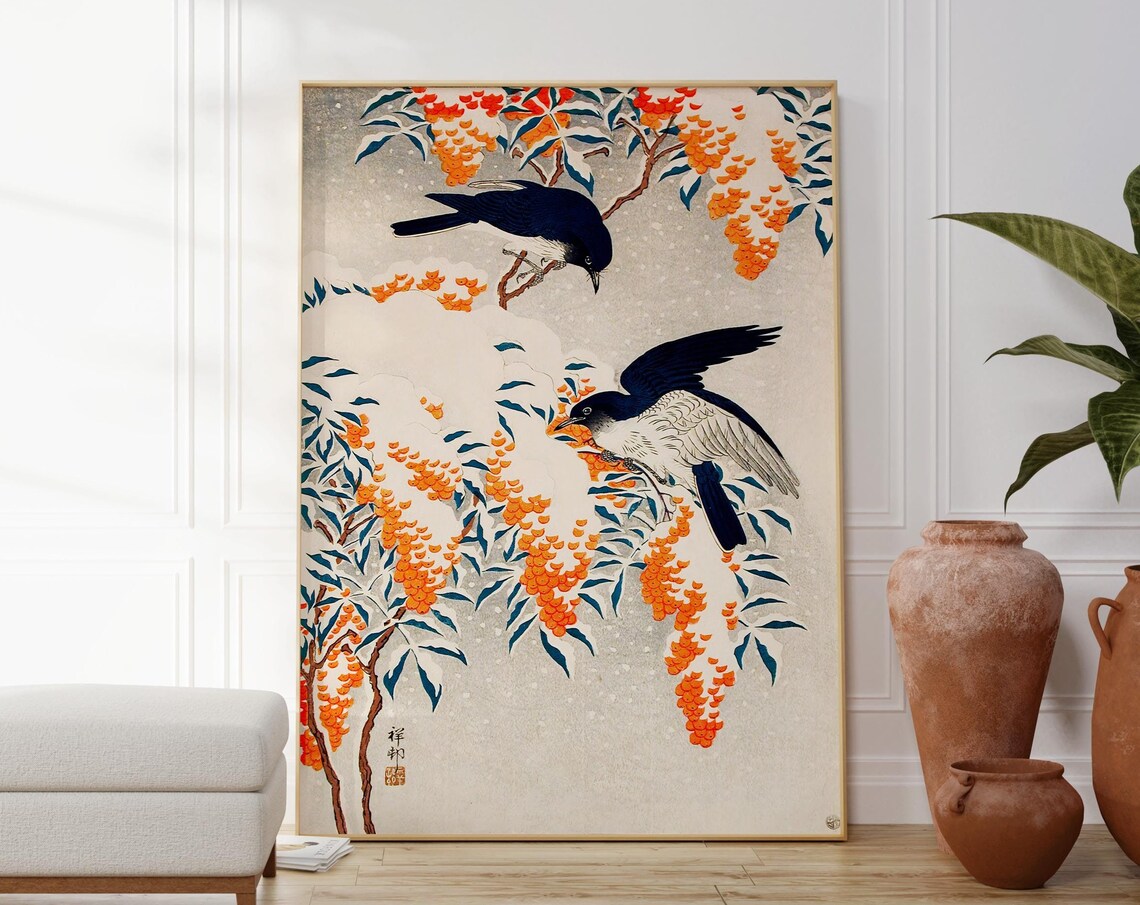 Ohara Koson Style Two Birds Snowy Nandina Berry Branch Winter Art