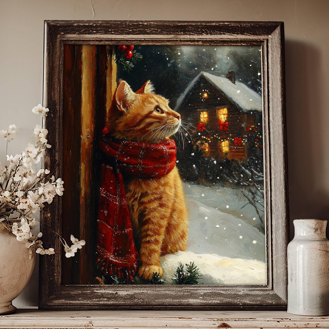 Ginger Cat Christmas Art Print, Festive Holiday