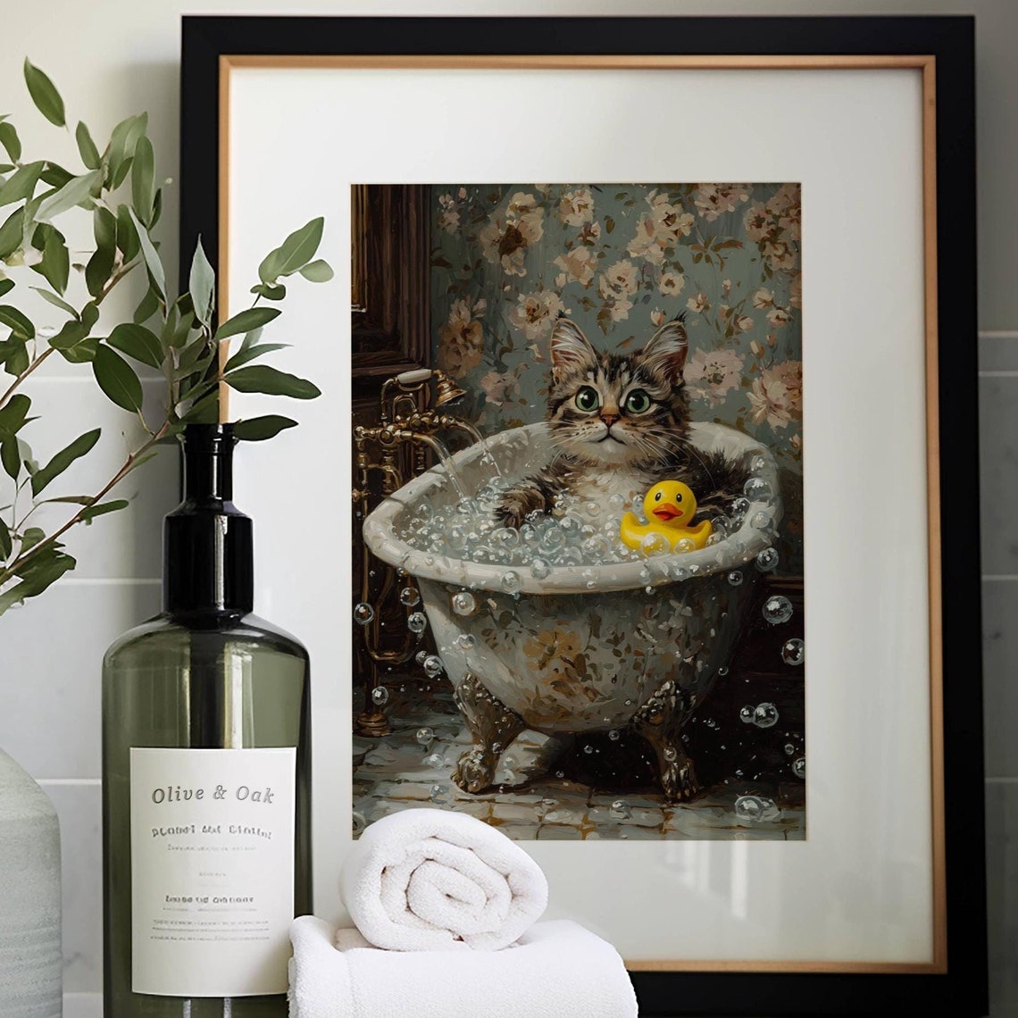 Fluffy Tabby Kitten With a Rubber Duck in a Bubble Bath Poster