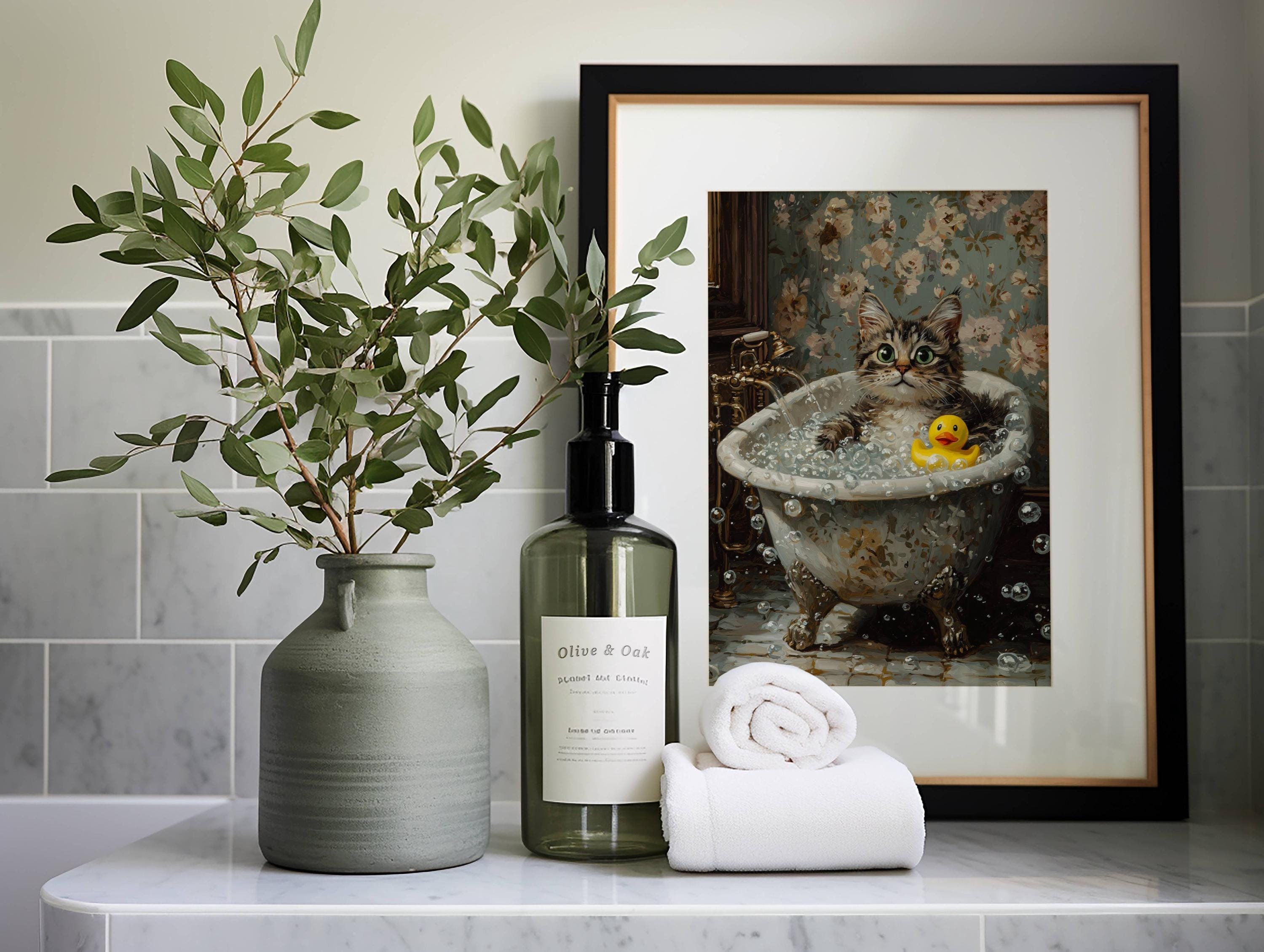 Fluffy Tabby Kitten With a Rubber Duck in a Bubble Bath Poster