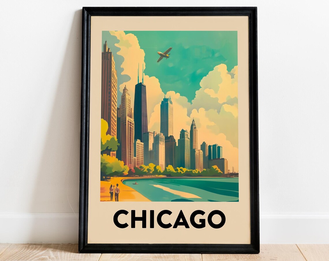 Vintage Chicago Travel Poster Skyline Over Lake Michigan View